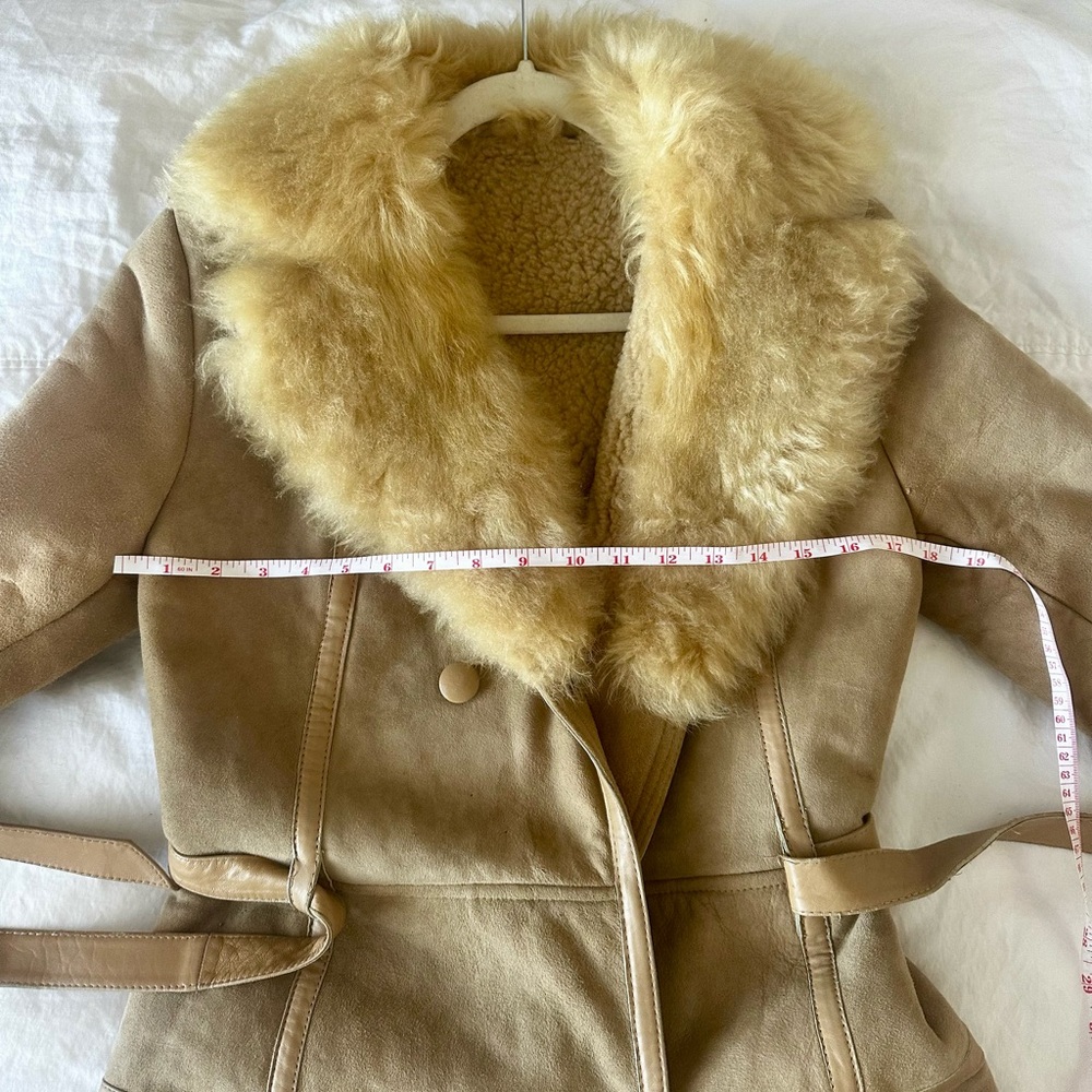 Penny Lane French Shearling Fur Vintage Suede Trench Coat with Leather Belt - Picture 3 of 16